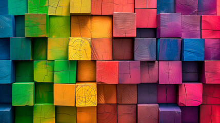 Abstract rainbow colors colored wooden cubes texture wall background.