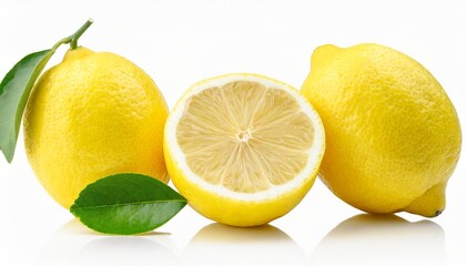 lemon isolated on white or transparent background three lemon fruits whole and cut half