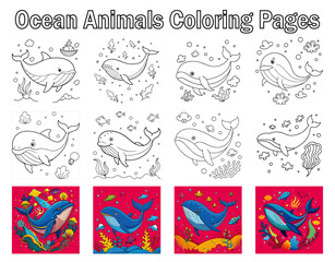 Ocean animals friendly cartoon characters collection. Dolphin coloring Page for kids
