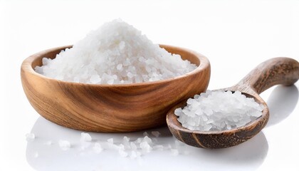 sea salt in wooden bowl on white background