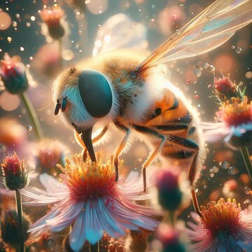 A fake bee sucking from a flower in a blooming meadow illuminated by dust and pollen