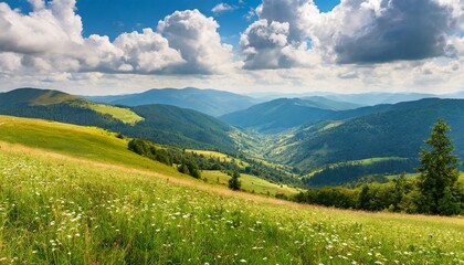 mountainous carpathian countryside scenery with grassy meadows beautiful rolling landscape in summer with stunning sky and fluffy clouds view in to the distant rural valley from a green hill