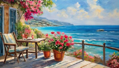 oil painting landscape terrace near the sea flowers