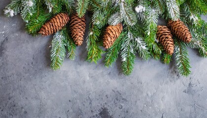 christmas composition fir tree branches on gray background christmas winter new year concept flat lay top view copy space