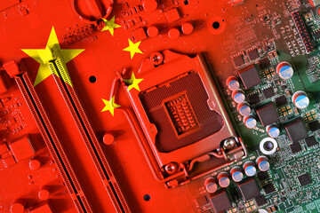 Flag of the Republic of China on a red painted pc motherboard. Concept for supremacy in global microchip and semiconductor manufacturing. Italy