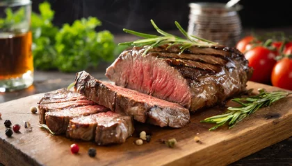 Foto op Canvas grilled sliced beef steak on a wooden board © Richard