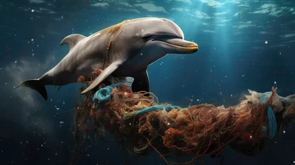Fotobehang A dolphin caught in a fishing net highlights the problem of marine life affected by human waste.  © oldwar