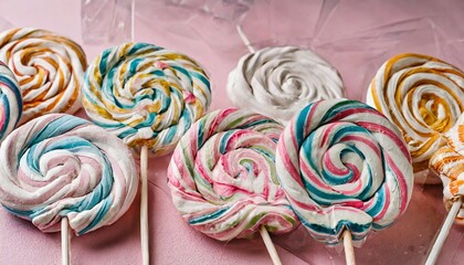 lollipops spiral forms candy on pink background funny concept meringue candy on paper stick festive sweet table for children candy bar cake as a background
