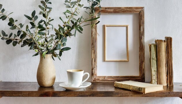 modern interior still life two floating shelves blank wooden picture frame mockup template vase with olive tree branches old books cup of coffee modern mediterranean home white wall background