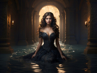A woman in a black dress sits in a pool of water. She has long curly hair and is looking at the camera. The dress has an intricate design and the woman's skin is bare.