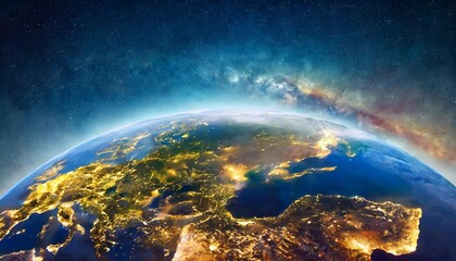 panoramic view on planet earth globe from space glowing city lights light clouds