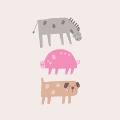 Farm animal composition. Cute hand drawn doodle sweet donkey, pig, dog. Card, postcard, t shirt print, cover, poster with funny animal for kid, children