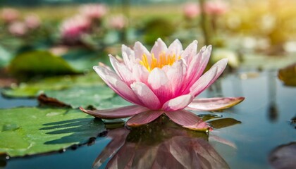 a beautiful pink waterlily or lotus flower in pond