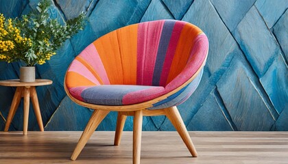 a playful and colorful armchair with a textured surface design featuring a combination of pink blue and orange segments natural wooden legs