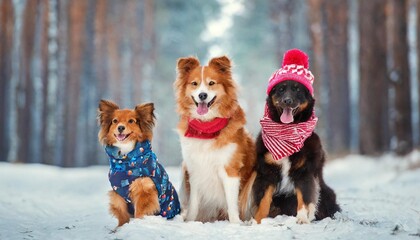 happy three dogs in winter clothes in the forest - Powered by Adobe