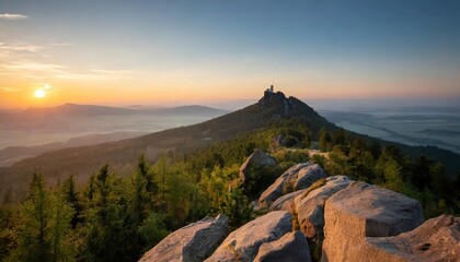 the top of prad d mountain in the czech republic during sunrise - obrazy, fototapety, plakaty