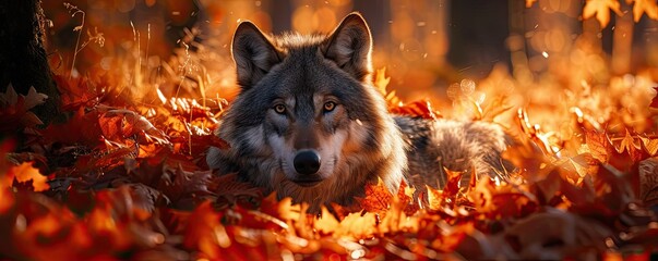 Wolf in Autumn forest with orange yellow colors in background.