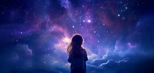 Fototapeta na wymiar Cute little girl looks at the night sky with galaxies, reflects on the vastness of the universe. Dark background, dark purple colors. Vertical image
