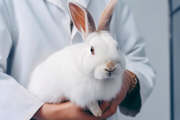 Cute White Rabbit in the hands of a veterinarian in a white coat, light background. Close-up.