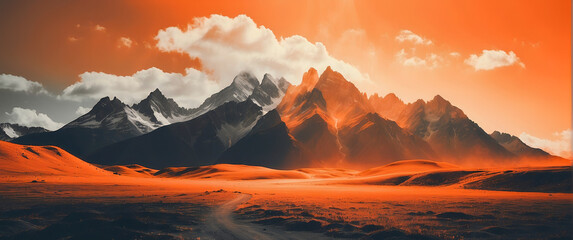 olden Desert Sunrise: Majestic Mountains Frame Beautiful Dawn Landscape, Nature's Splendor Unfolds in Morning Glow