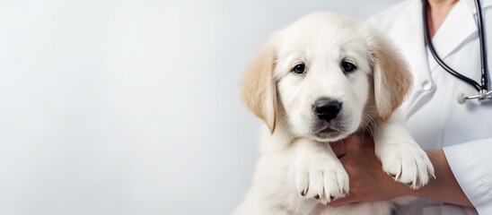 Cute labrador puppy in the hands of a veterinarian in a white coat, light background. Close-up....