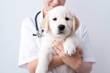 Cute puppy in the hands of a veterinarian in a white coat, light background. Close-up.