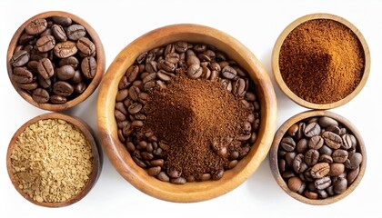 flat lay of different types of grinds coffee in wooden bowl isolated on white background clipping path