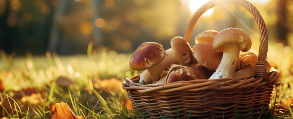 A wicker basket filled with wild mushrooms basks in the warm glow of autumn sunlight.