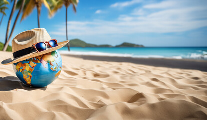 Tropical background. Globe on sea beach in sunny day. Copy space for text