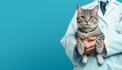 Gray tabby cat in the hands of a veterinarian for examination. Blue background. Close-up. Copy space.