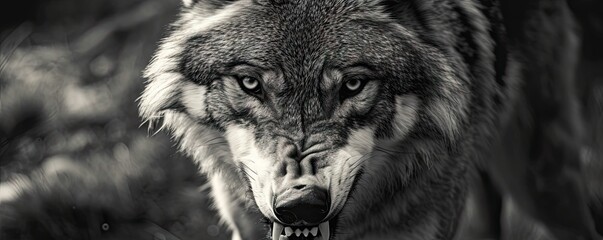 Aggressive wolf head detail in black and white color.