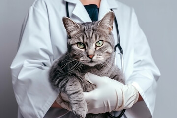 Gray tabby cat in the hands of a veterinarian for examination.