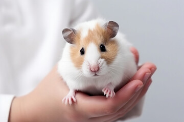 Cute hamster in the hands of a veterinarian in a white coat, light background. Close-up.