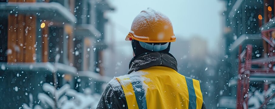 Construction worker during winter with hard helmet and yellow vest