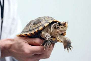 Turtle in the hands of a veterinarian, light background. Close-up.