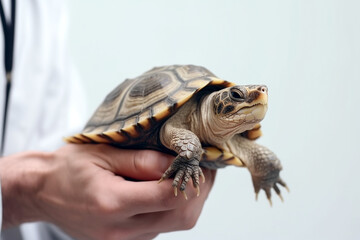 Obraz premium Turtle in the hands of a veterinarian, light background. Close-up.