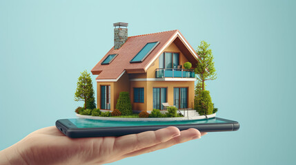 A smartphone application for online search, purchase, sale and booking of real estate. An unusual 3D illustration of a beautiful house on a smartphone in your hand