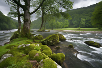 A serene and lush green landscape with a flowing river, moss-covered rocks, and a large tree