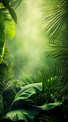Background with greenery, green palms and banana leaves. Sun rays.