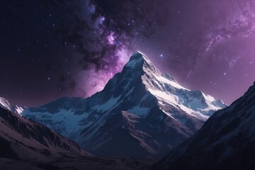 Starry Sunset Peaks Aesthetic 3D Illustration of Snowcapped Mountains in a Galaxy Nature Landscape