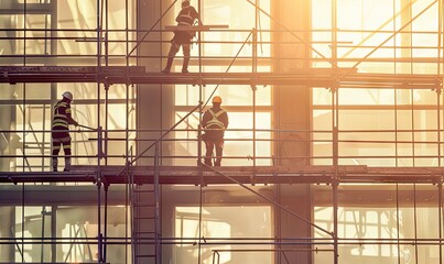 Workers group on scaffolding renovating a house.