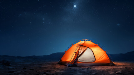 Bright orange tent on a mountain top under a starry night sky.	
