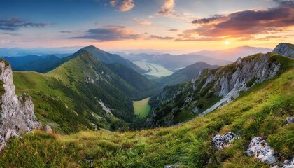 Fototapeta na wymiar mountain valley during sunrise natural summer landscape in slovakia