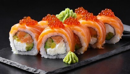 salmon sushi roll with caviar topping japanese food isolated in black background