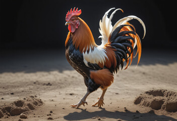 A rooster crawls on the ground looking for food