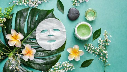natural cosmetic flat lay facial sheet mask for home facial skin care with flowers and green...