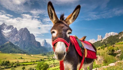 Tuinposter donkey with red harness © Richard