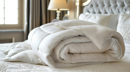Fototapeta na wymiar Luxurious Folded Duvet at the Foot of an Elegant Bed in a Classy Bedroom