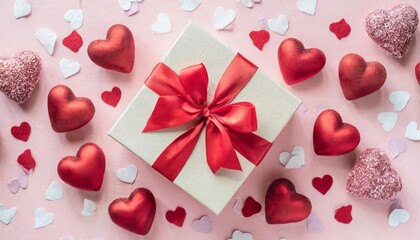 valentine or mother day festive composition with gift or present box and red hearts on pastel pink background top view flat lay greeting card