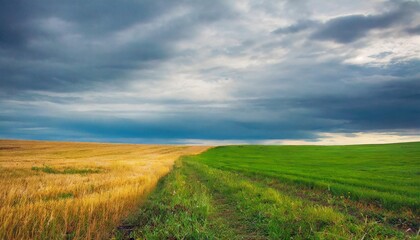 summer landscape photography of a field with green yellow grass in gloomy weather